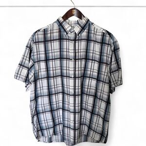 Gioberti Italy Mens XL Plaid Button Front Short Sleeve Shirt Blue White Gray